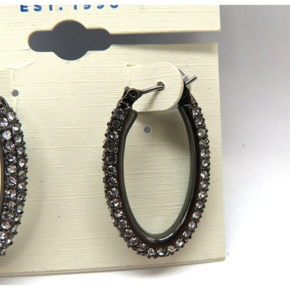 Lucky Brand Earrings Oval Crystal Encrusted Hoop Pierced Gunmetal Gray New - Picture 5 of 9
